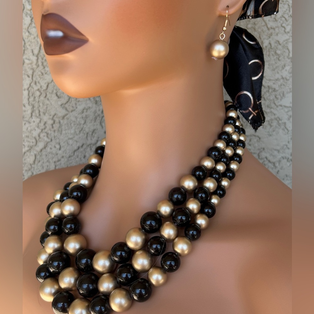 Sophia Collection - Classy Layered Black Gold Beaded Necklace Earring Set